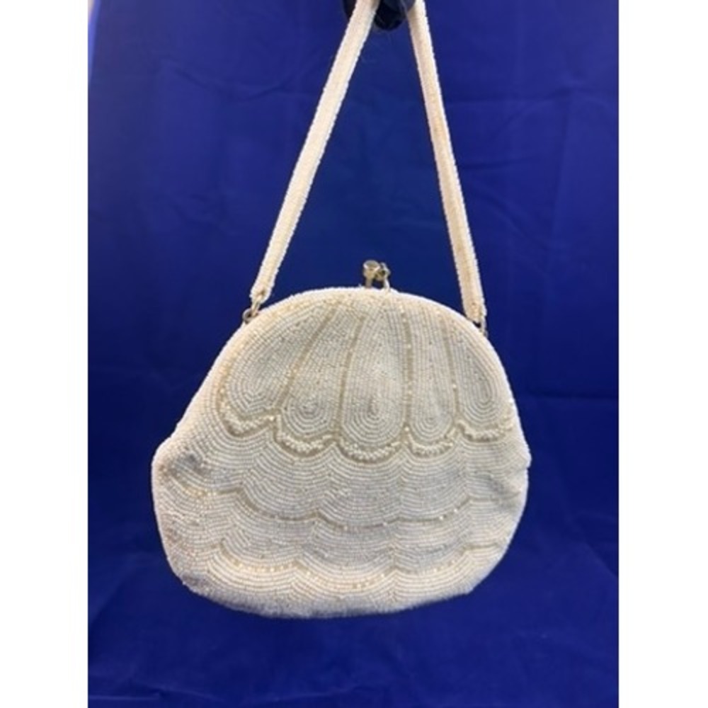 Vintage 1950s Beaded Evening Bag Ivory Glass Bead Purse Kiss Lock Handbag
